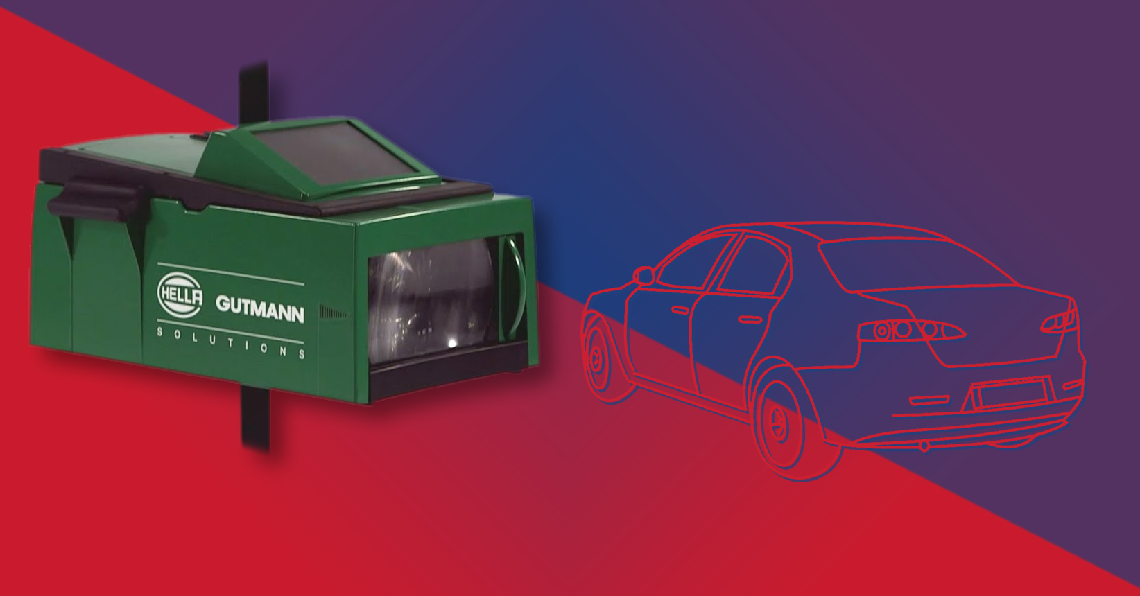 regloskop Hella a ilustrace auta na červenomodrém pozadí